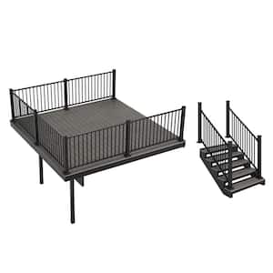 Apex Attached 12 ft x 12 ft Alaskan Driftwood PVC Deck Kit and 5-Step Stair Kit with Steel Framing and Aluminum Railing