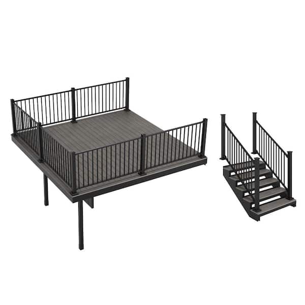 FORTRESS Apex Attached 12 ft x 12 ft Alaskan Driftwood PVC Deck Kit and 10-Step Stair Kit with Steel Framing and Aluminum Railing