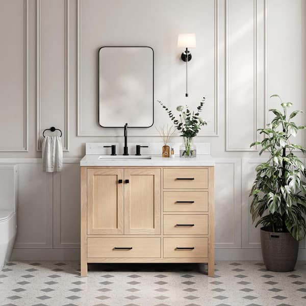 ARIEL Cambridge 42 in. W x 22 in. D x 36 in. H Single Rectangle Sink Bath Vanity in Oak with Carrara White Quartz Top