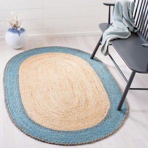 Natural Fiber Beige/Blue Doormat 3 ft. x 5 ft. Border Woven Oval Area Rug