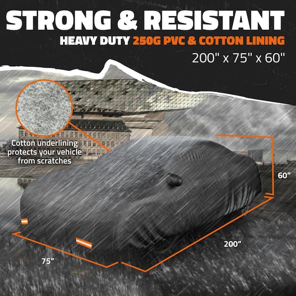 200 in. x 75 in. x 60 in. Extra Thick Heavy-Duty Waterproof Car Cover - 250 g PVC Cotton Lined - Black