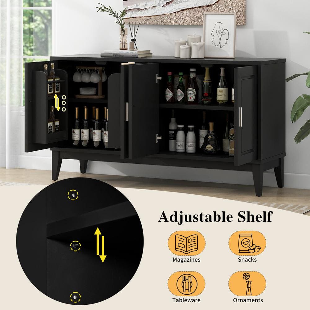 Black Rubberwood and MDF 60" Modern Sideboard with Adjustable Shelves