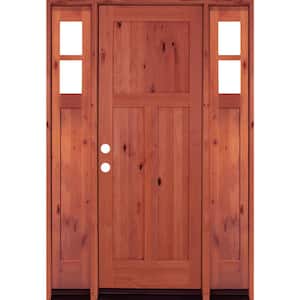 64 in. x 96 in. Alder 3 Panel Right-Hand/Inswing Clear Glass Red Chestnut Stain Wood Prehung Front Door with Sidelites