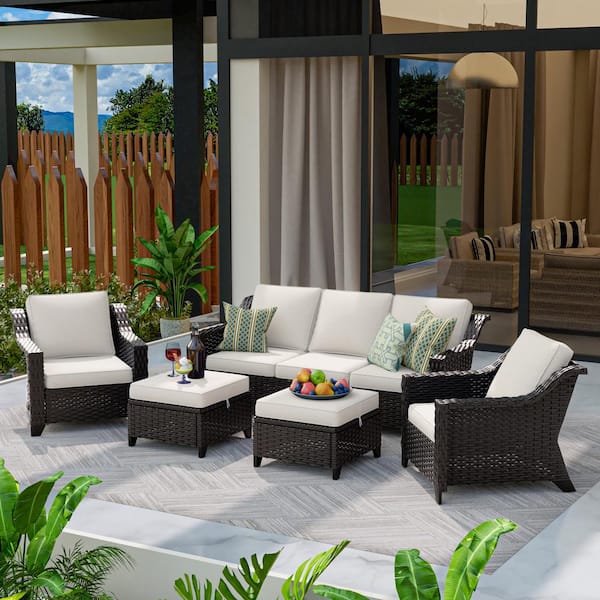 Patio Sofa Set 5-Piece Outdoor Conversation Set with Beige Cushions, 2 Ottomans