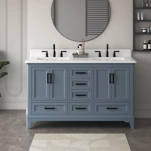 Rawsonville 61 in. Double Sink Freestanding Steel Blue Bath Vanity with White Quartz Top and Backsplash Assembled