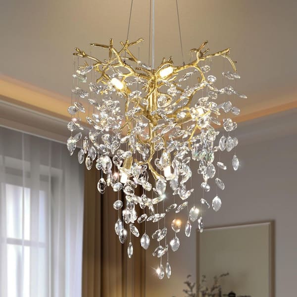 21.6 in. 6 Lights Gold Tree Branch Kitchen Island Chandelier with Crystal Decoration, for Foyer, Entryway, Living room