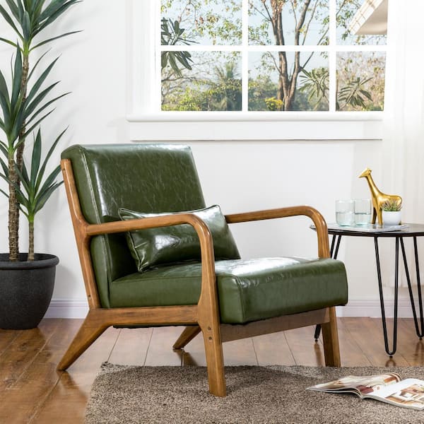 Glitzhome Mid-Century Modern Hunter Green PU Leather Accent Armchair with Walnut Ruberwood Frame