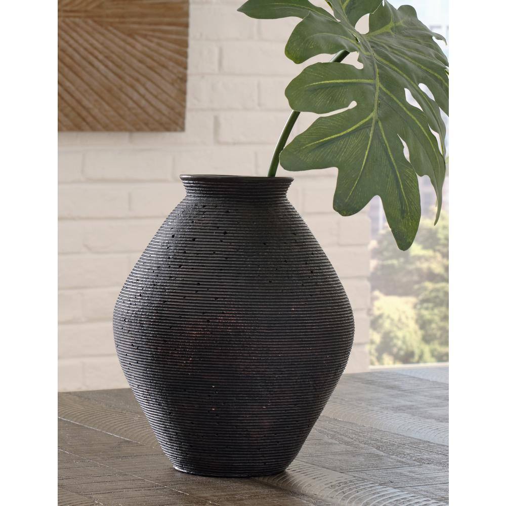 Antique Brown Ribbed Polyresin Vase, 12-Inch
