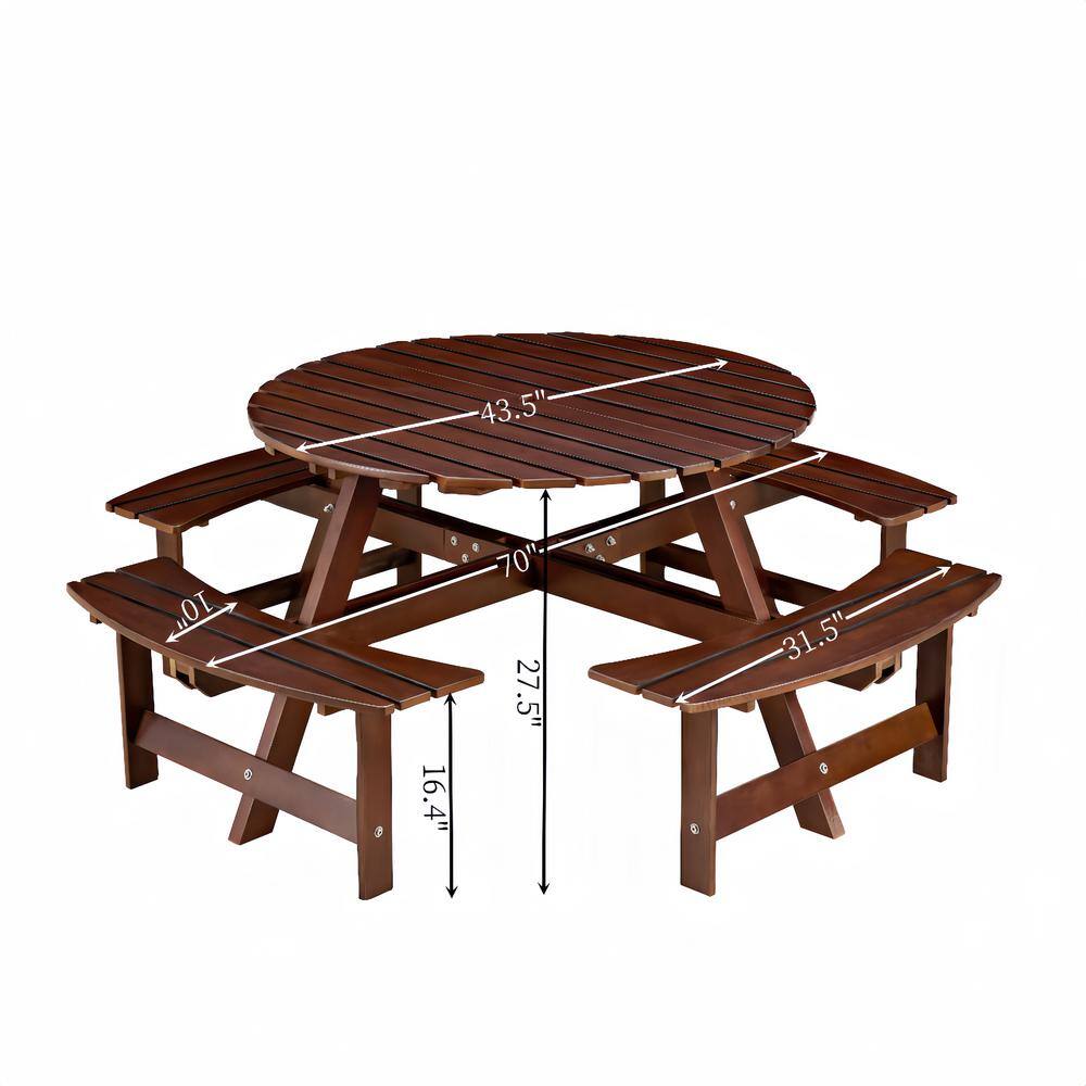 Brown Wood Round 8-Person Picnic Table with Built-in Benches and Umbrella Hole