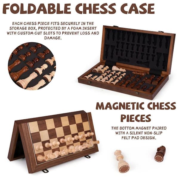 ちぇす 15 in. Magnetic Wooden Chess Set, Folding Board with Storage