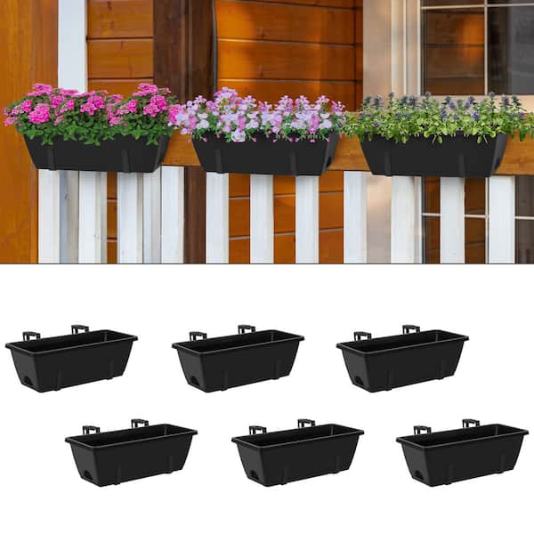 Hanging Flowerpots for Balustrades Plastic Window Planter Holder with Removable Hooks, Black (6-Pieces)