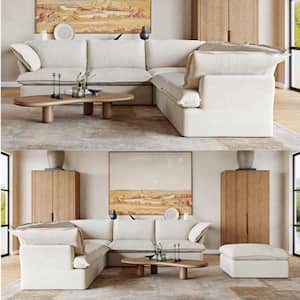 123 in. Overstuffed Down Filled Comfort Linen Flannel L-shape 5-Seat Sofa Modular Sectional with Ottoman, Beige