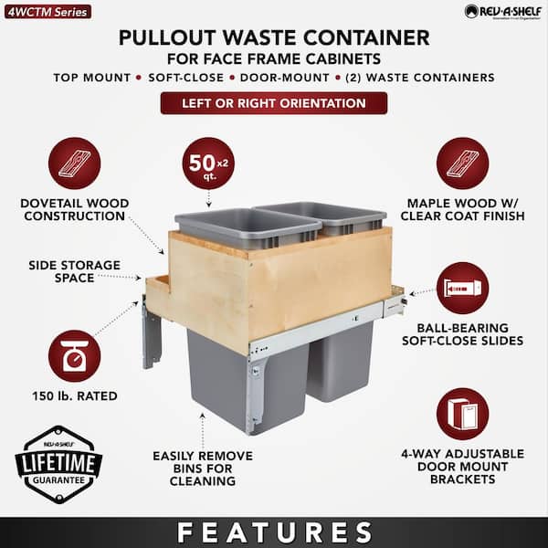 Gray Double Pull Out Top Mount Bin w/Soft-Close, 50 Qt