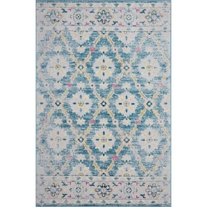 Anamica Distress Gray/Blue 7 ft. 9 in. x 9 ft. 9 in. Floral Transitional Boho Woven Indoor/Outdoor Area Rug