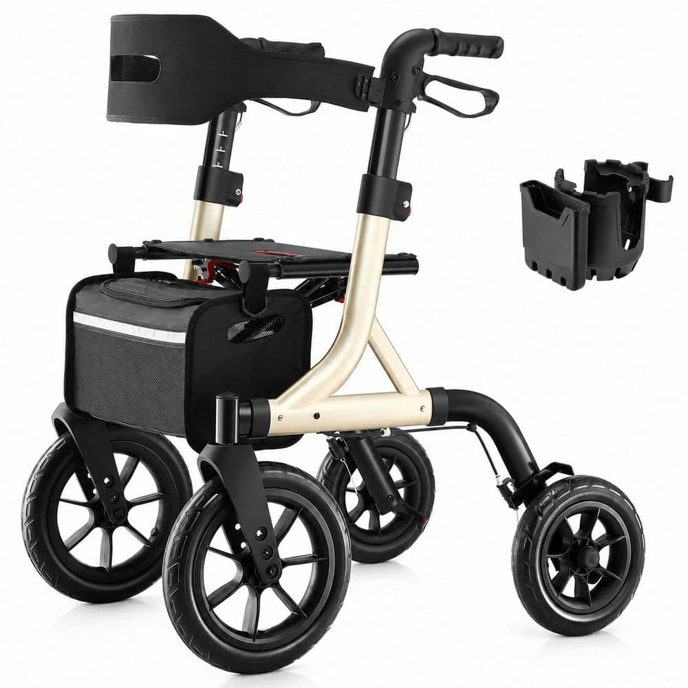 Rollator Walker with Seat for Seniors, 12 Inch All Terrain Rubber Wheels, Backrest, Cup Holder, Foldable, Gold price history on PriceWatchPro