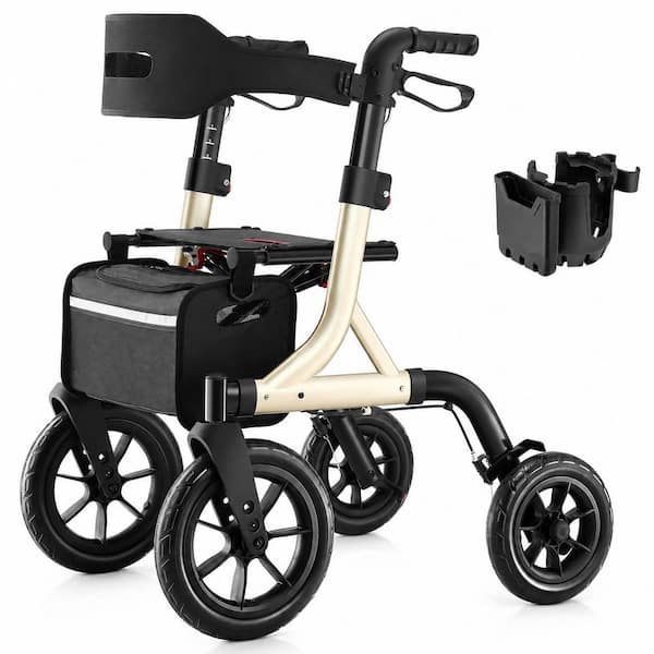 Rollator Walker with Seat for Seniors, 12 in. All Terrain Rubber Wheels, Backrest, Cup Holder, Foldable, Gold