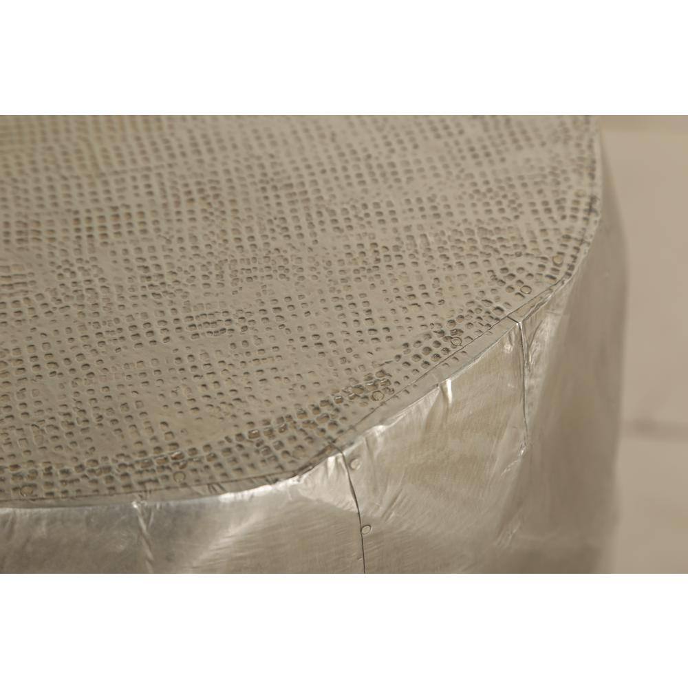 Aged Silver Diamond-Patterned Round Metal & Wood End Table
