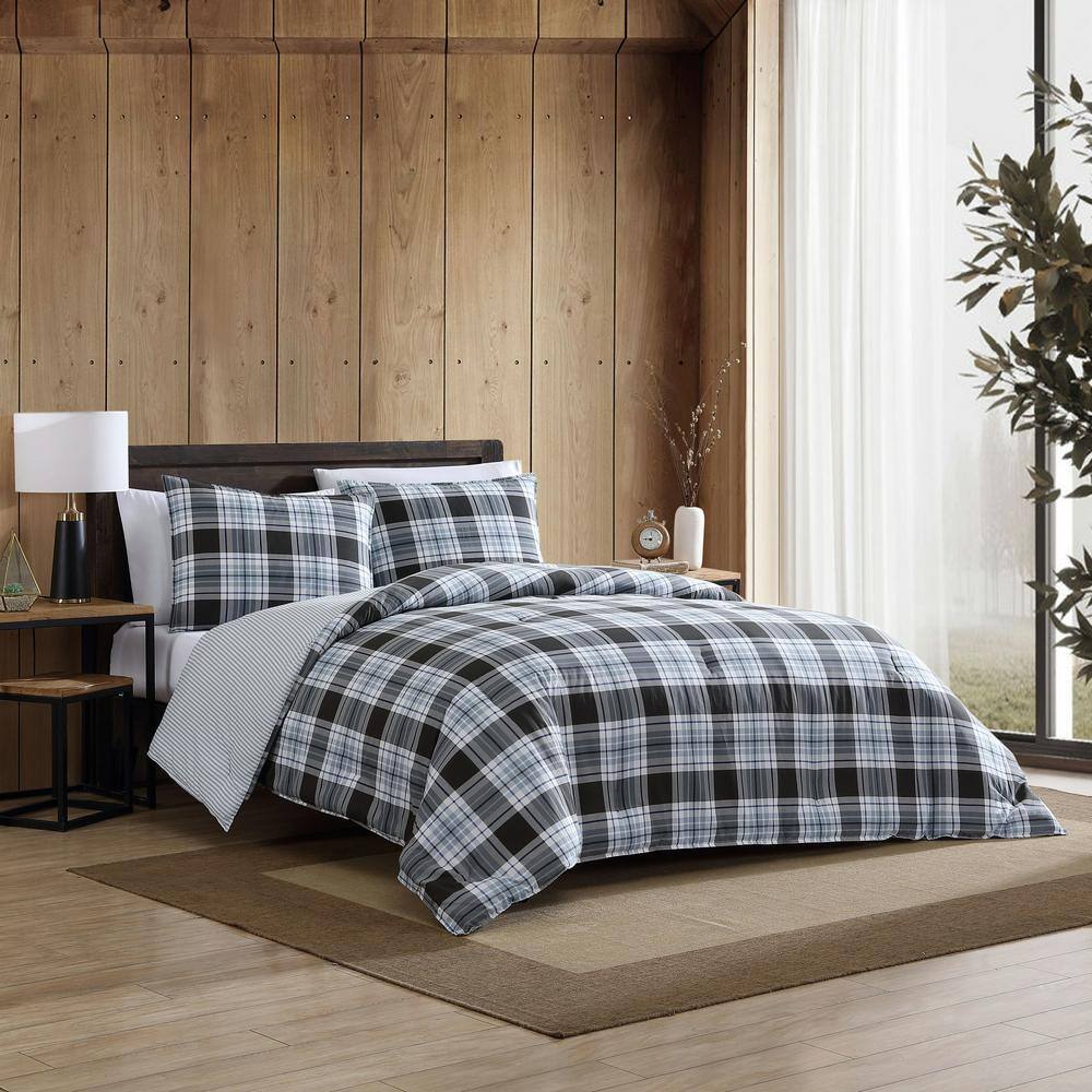 King Blue Plaid Cotton Reversible Comforter Set
