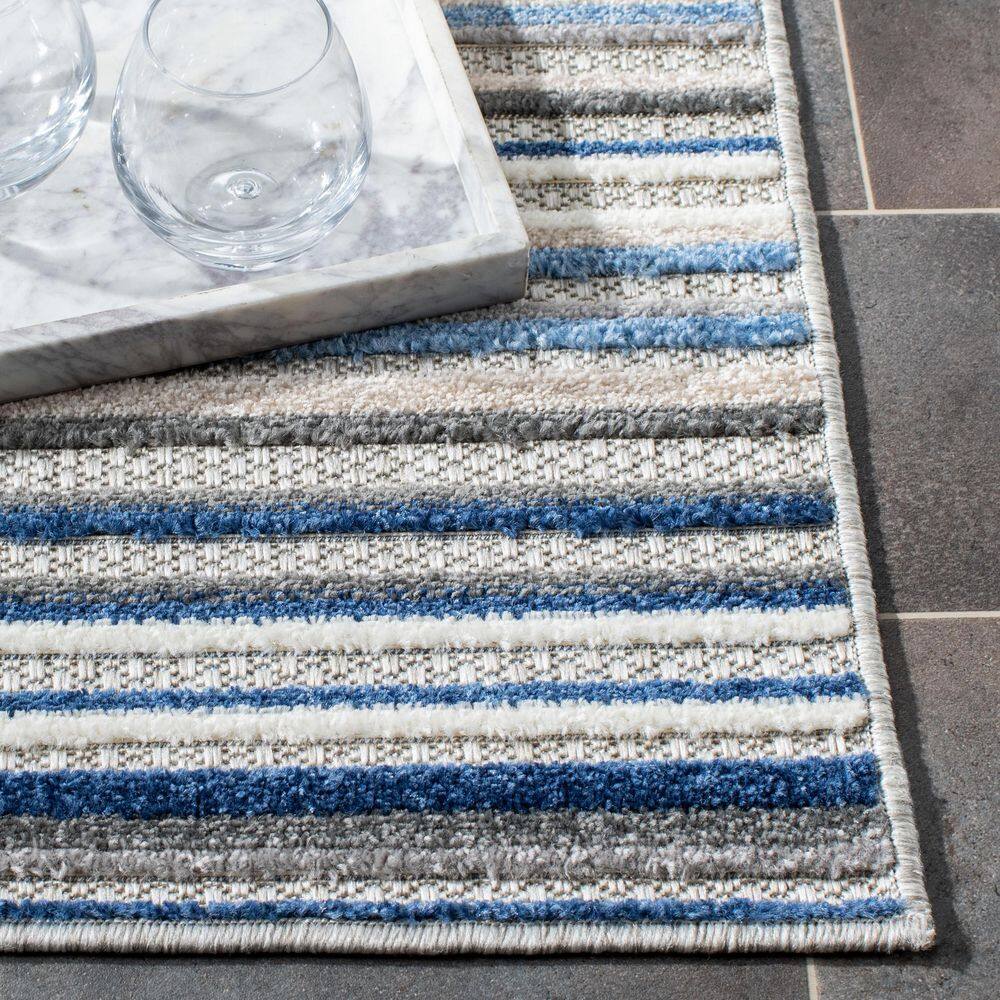Grey and Blue Striped Synthetic Square Area Rug, 3' x 3'