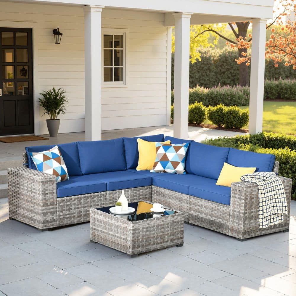 Tahoe Gray 6-Piece Wicker Extra-Wide Arm Outdoor Patio Conversation Sofa Set with Navy Blue Cushions price history on PriceWatchPro