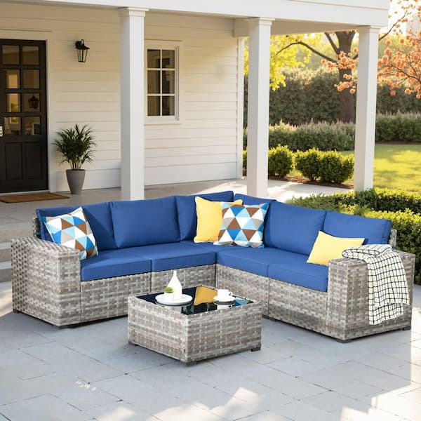 HOOOWOOO Tahoe Gray 6-Piece Wicker Extra-Wide Arm Outdoor Patio Conversation Sofa Set with Navy Blue Cushions