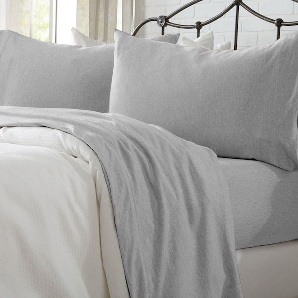 Gray Ultra-Soft Cotton Heathered Melange Jersey Knit Full Sheet Set