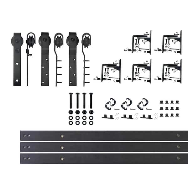 HOMACER 6.6 ft./79 in. Black Rustic Inverted Bent Triple Track Bypass Sliding Barn Door Track and Hardware Kit for Triple Doors