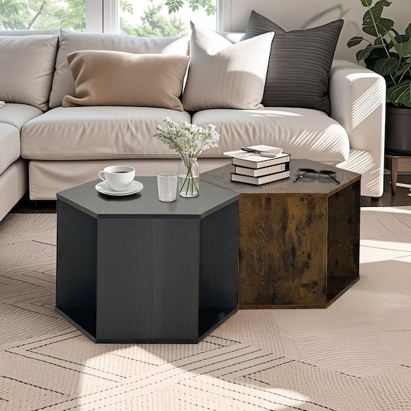 23.62 in Black Brown Hexagon MDF Convertible Coffee Table /Side Table/Storage Shelves with 2 Drawers (1pc)