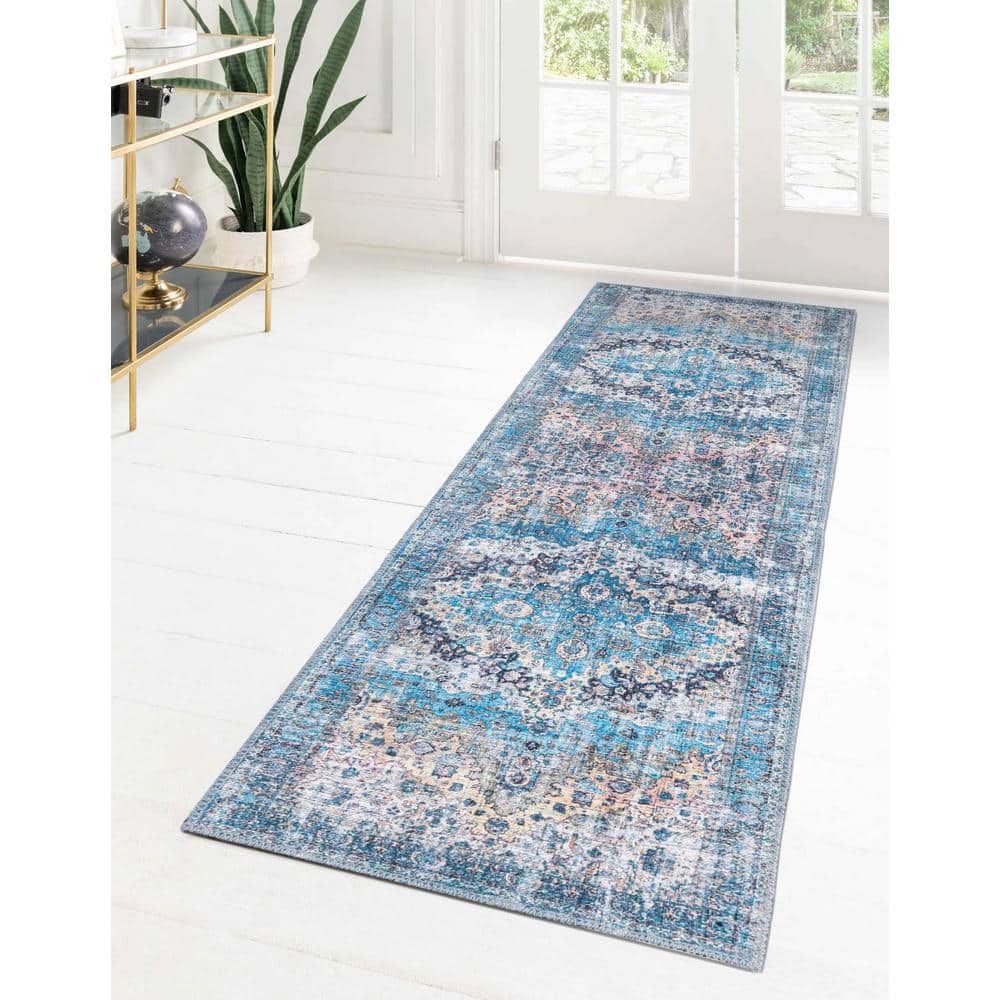 Mangata Medallion Blue Chenille 2'7" x 13'1" Runner Rug