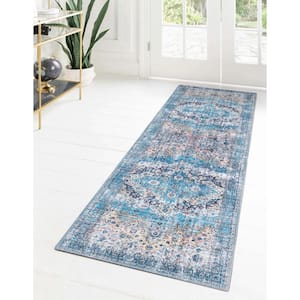 Mangata Mary Blue 2 ft. 7 in. x 13 ft. Runner Machine Washable Area Rug
