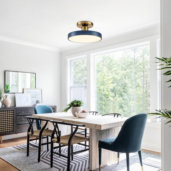 HUOKU Nimbus 15.7 in. Modern Blue and Antique Brass LED Drum