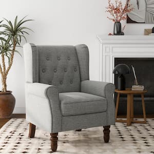 Modern Light Gray Linen Upholstered Button High Back Accent Arm Chair with Wood Legs (Set of 1)