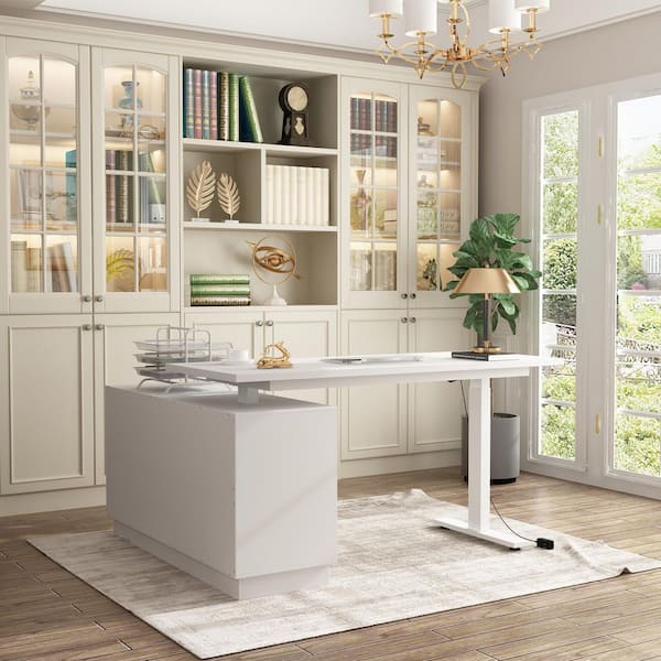 54.3 in. L-Shape White Wood 2-Drawer, 2 Cabinet Computer Desk with Electric Height Adjustment for Home Office