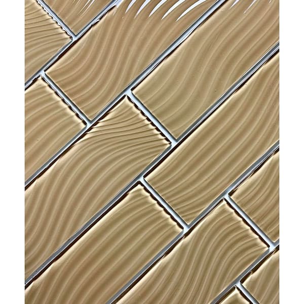 Pacific Beige 4 in. X 12 in. Textured Glossy Glass Subway Decorative Wall Tile (2 sq.ft./Case)