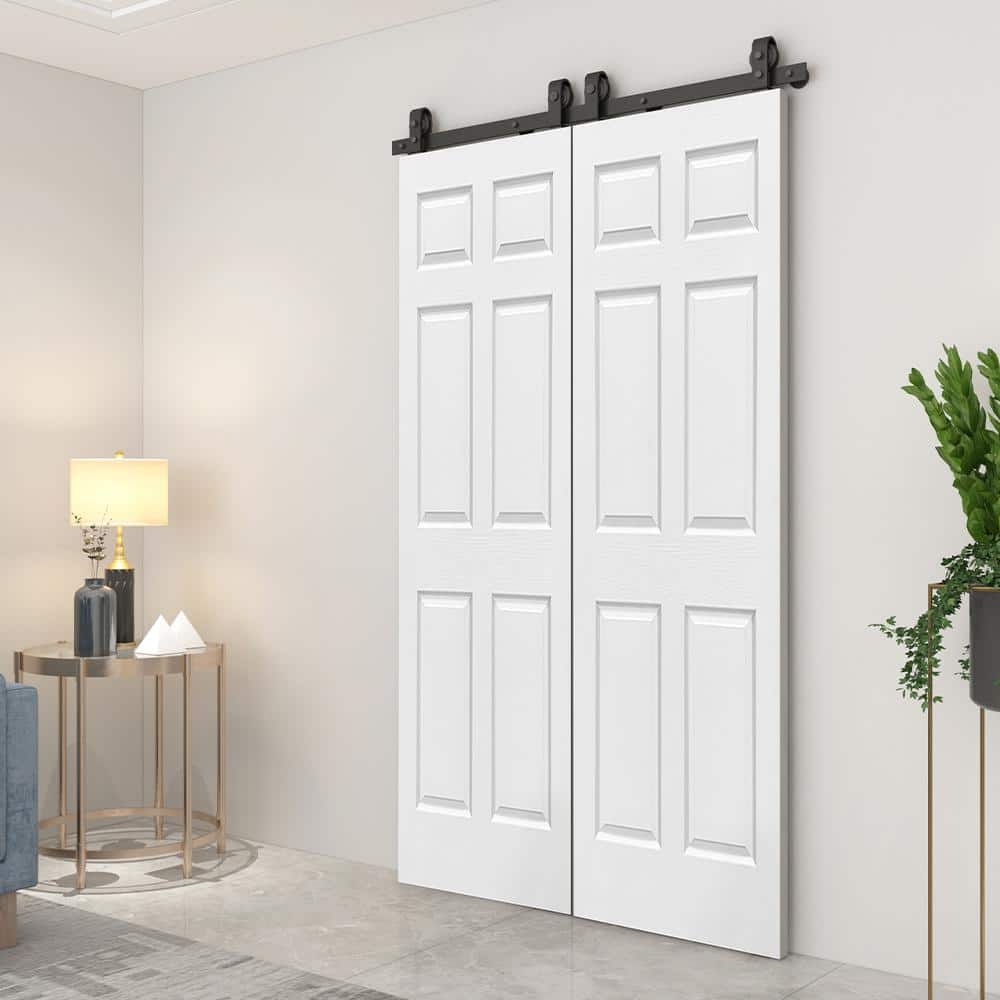60 in. x 80 in. White Painted MDF Double Bi-Fold Barn Door with Sliding Hardware Kit
