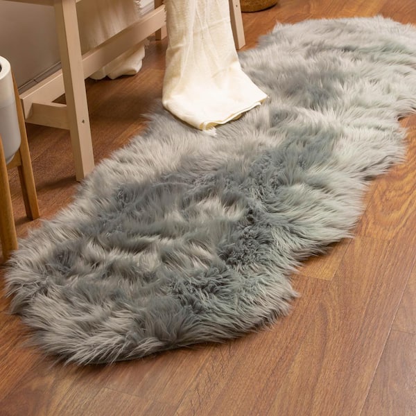Super Area Rugs Serene Silky Faux Fur Fluffy Shag Rug Gray 2' x 6' Sheepskin