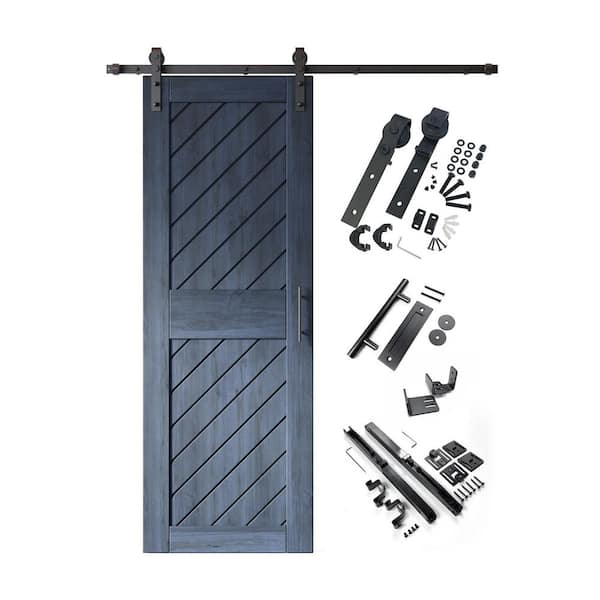 HOMACER XT1 30 in. x 84 in. C-Panel Navy Slanted Stripe Design Solid Pine Wood Sliding Barn Door with Hardware Kit