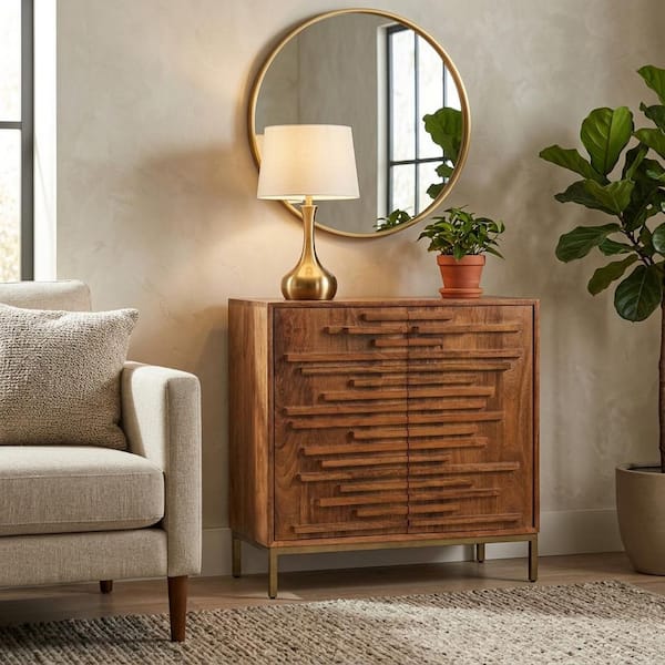 Brown Mango Wood 30 in. Midcentury Slat 2-Door Sideboard