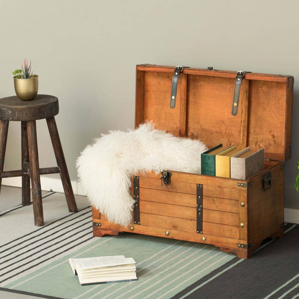 Rustic Brown Large Wooden Storage Trunk with Lockable Latch