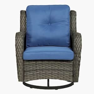 Patio Swivel Wicker Bistro Set for Patio Porch Pool Outdoor Rocking Chair with Royal Blue Cushion (Set of 1)