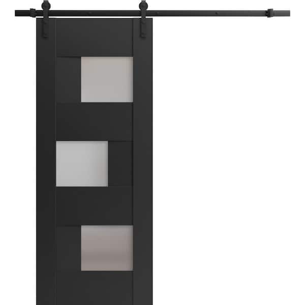18 in. x 80 in. 1 Panel Frosted Glass Black Matte Solid MDF Sliding Barn Door with Hardware Kit