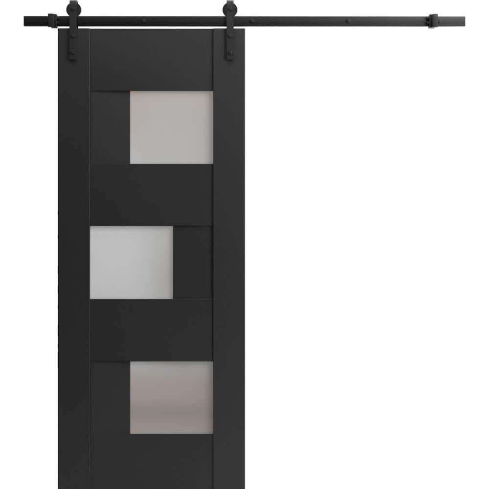 Assembly Required 28 in. x 80 in. 1-Panel Frosted Glass Black Matte Wood Sliding Barn Door with Hardware Kit price history on PriceWatchPro