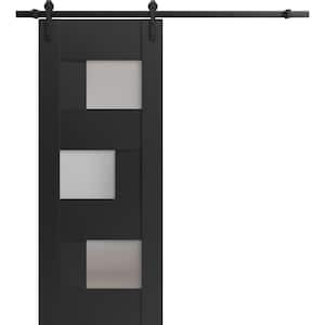 32 in. x 96 in. 1 Panel Frosted Glass Black Matte Solid MDF Sliding Barn Door with Hardware Kit