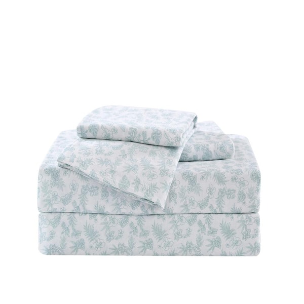 Tommy Bahama Hibiscus Bloom 4-Piece Green Botanical Washed Cotton Queen Sheet Set