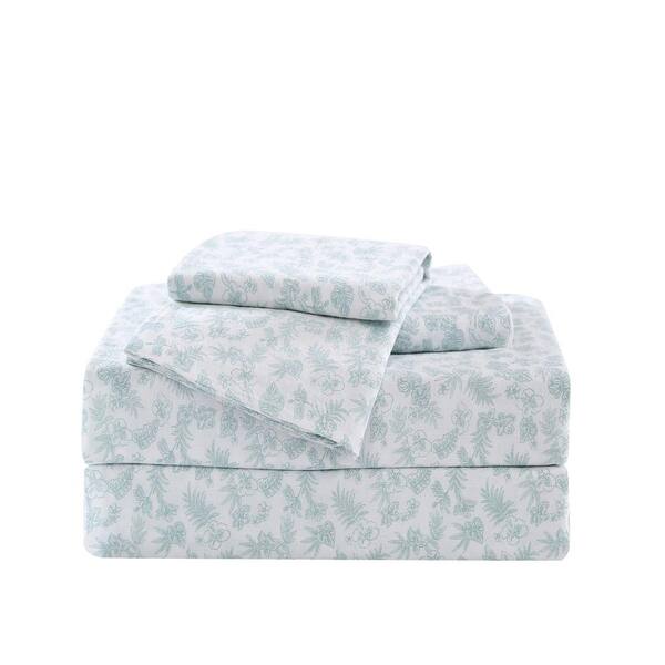 Tommy Bahama Hibiscus Bloom 4-Piece Green Botanical Washed Cotton King Sheet Set
