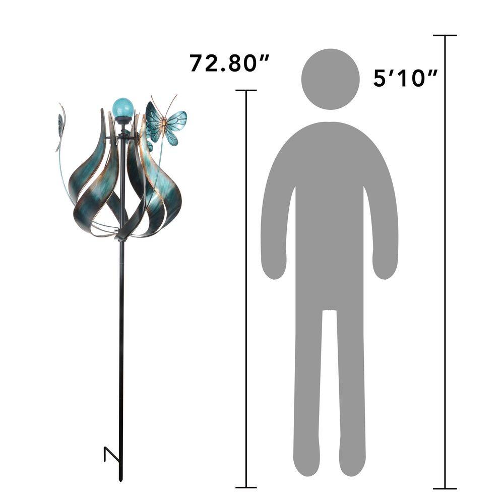 Teal Metal Tulip and Butterfly Kinetic Windmill with LED Light