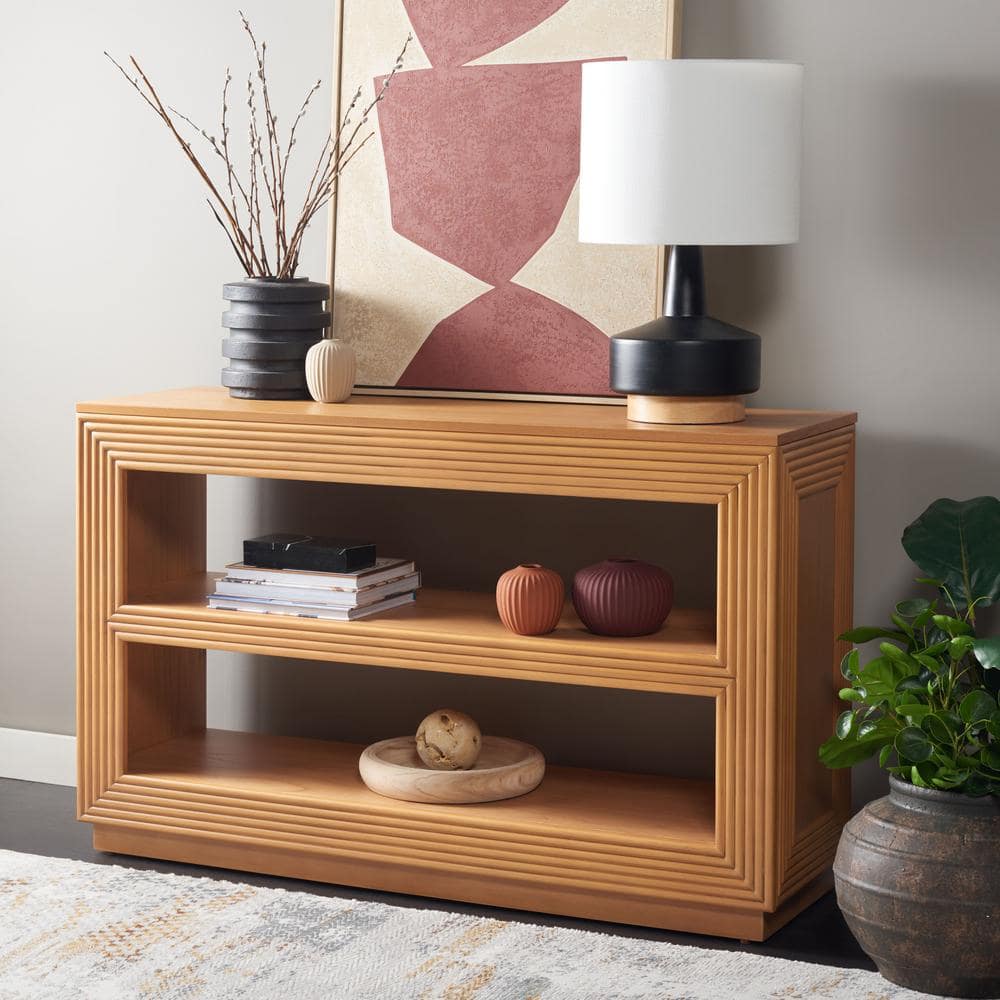 Natural Wood Ridged Hallway Table with Storage