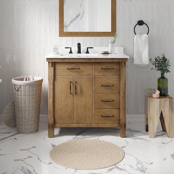 Home Decorators Collection Bellington 36 in. W x 22 in. D x 34 in. H Single Sink Bath Vanity in Almond Toffee with White Engineered Stone Top