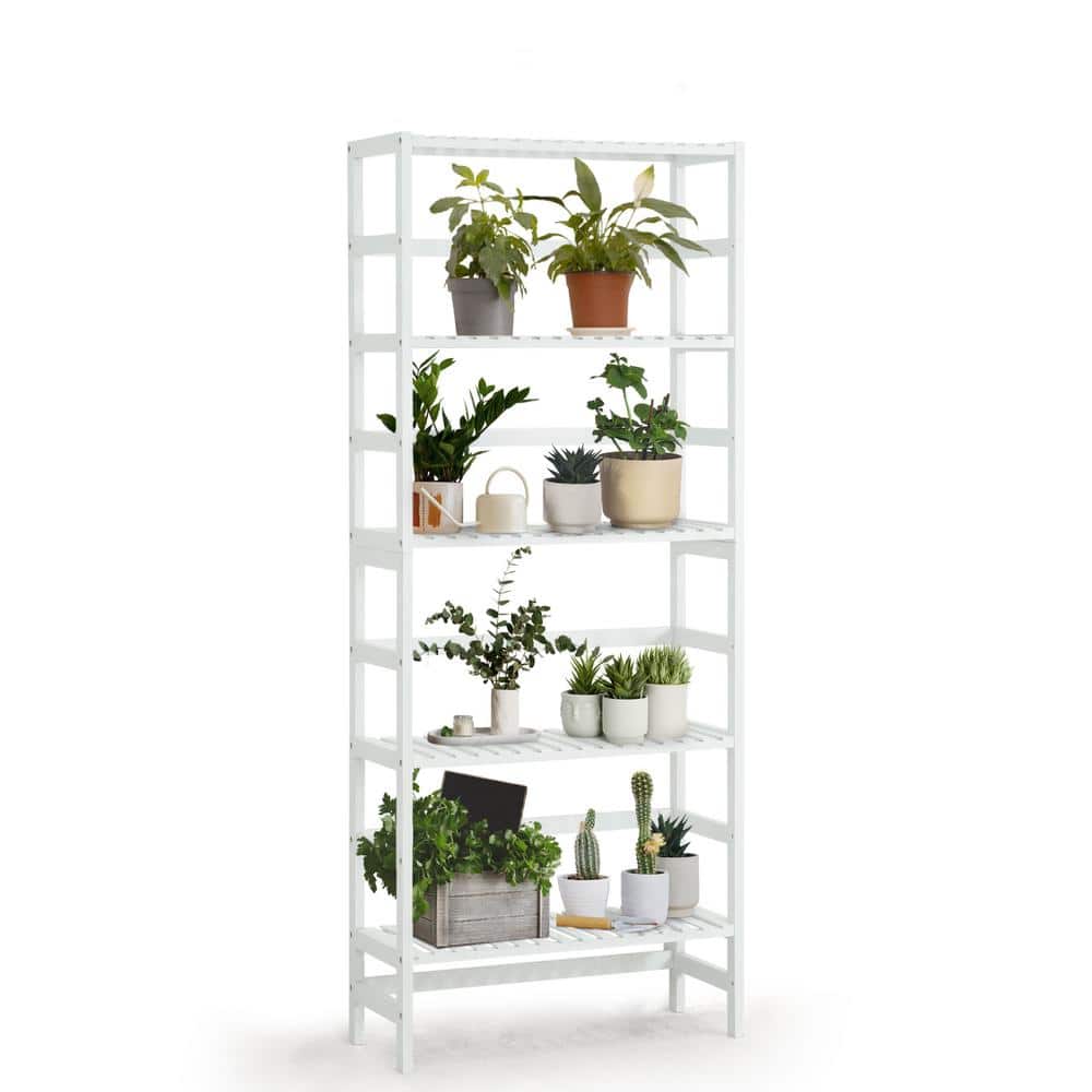 57.6 in Tall White Bamboo Adjustable 5-Shelf Bookcase