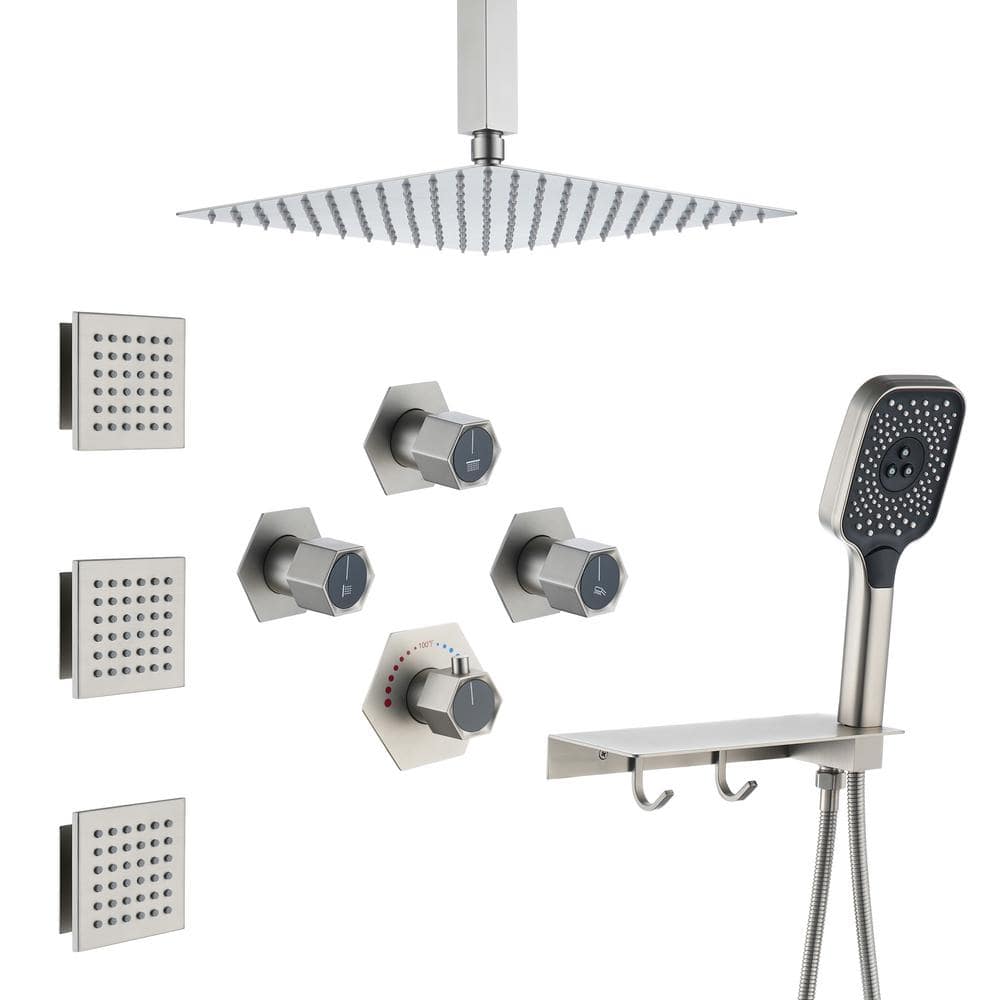 CASAINC 7-Spray 12 in. Wall Mount Dual Shower Heads and Handheld Shower Head with 2.5 GPM 3-Jet in Brushed Nickel